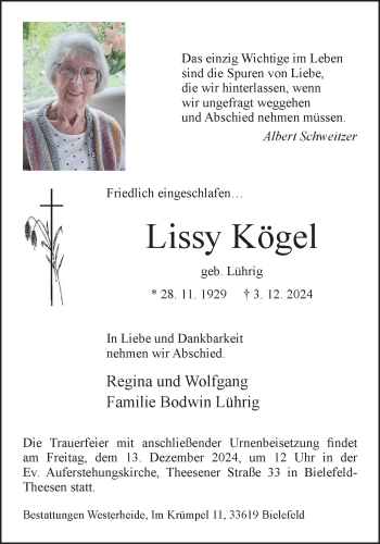 Traueranzeige von Lissy Kögel von Westfalen Blatt