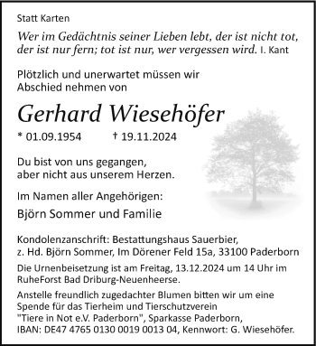 Traueranzeige von Gerhard Gerhard Wiesehöfer von Westfalen Blatt