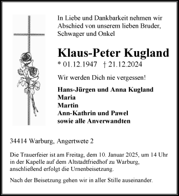 Traueranzeige von Klaus-Peter Kugland von Westfalen Blatt