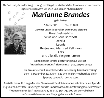 Traueranzeige von Marianne Brandes von Westfalen Blatt