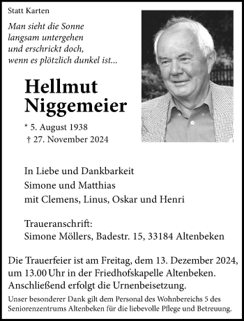 Traueranzeige von Hellmut Niggemeier von Westfalen Blatt