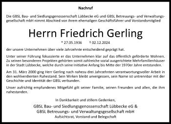 Traueranzeige von Friedrich Gerling von Westfalen Blatt