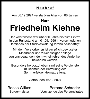 Traueranzeige von Friedhelm Kiehne von Westfalen Blatt