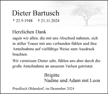 Traueranzeige von Dieter Bartusch von Westfalen Blatt