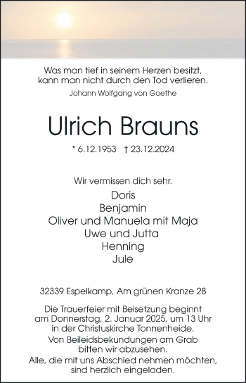 Traueranzeige von Ulrich Brauns von Westfalen Blatt