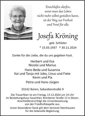 Traueranzeige von Josefa Kröning von Westfalen Blatt