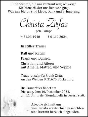 Traueranzeige von Christa Zirfas von Westfalen Blatt