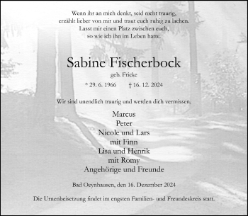 Traueranzeige von Sabine Fischerbock von Westfalen Blatt