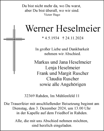 Traueranzeige von Werner Heselmeier von Westfalen Blatt