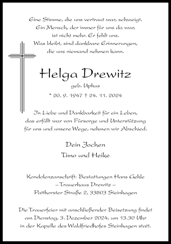 Traueranzeige von Helga Drewitz von Westfalen Blatt