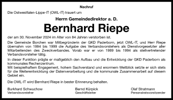 Traueranzeige von Bernhard Riepe von Westfalen Blatt