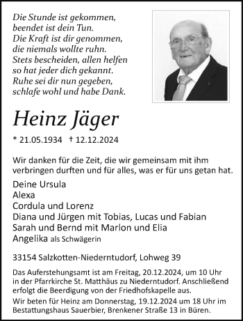 Traueranzeige von Heinz Jäger von Westfalen Blatt