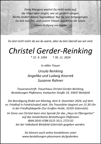 Traueranzeige von Christel Gerder Reinking von Westfalen Blatt