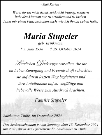 Traueranzeige von Maria Stupeler von Westfalen Blatt