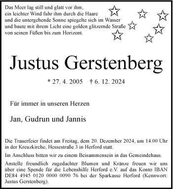 Traueranzeige von Justus Gerstenberg von Westfalen Blatt