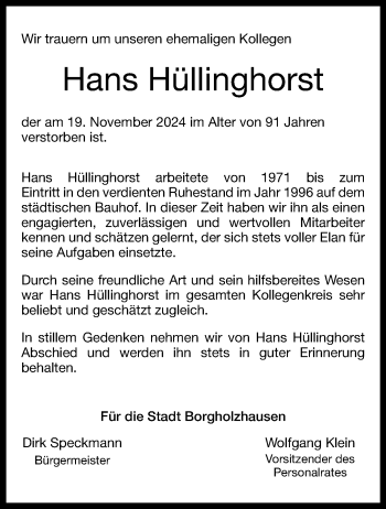 Traueranzeige von Hans Hüllinghorst von Westfalen Blatt