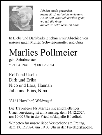 Traueranzeige von Marlies Pollmeier von Westfalen Blatt