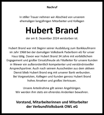 Traueranzeige von Hubert Brand von Westfalen Blatt