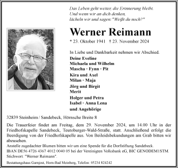 Traueranzeige von Werner Reimann von Westfalen Blatt