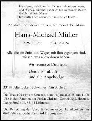 Traueranzeige von Hans-Michael Hans-Michael Müller von Westfalen Blatt