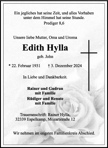 Traueranzeige von Edith Hylla von Westfalen Blatt