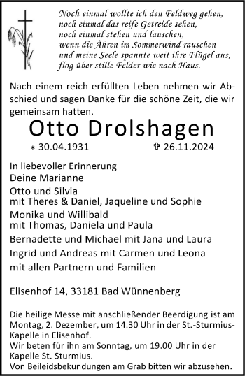 Traueranzeige von Otto Drolshagen von Westfalen Blatt