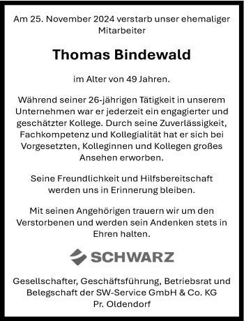 Traueranzeige von Thomas Bindewald von Westfalen Blatt