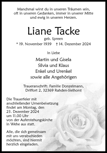 Traueranzeige von Liane Tacke von Westfalen Blatt