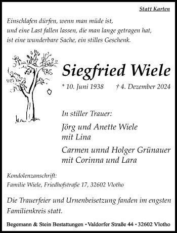 Traueranzeige von Siegfried Wiele von Westfalen Blatt