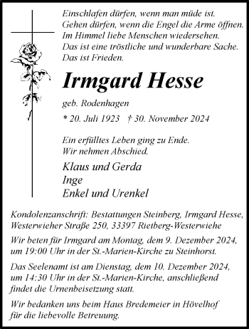 Traueranzeige von Irmgard Hesse von Westfalen Blatt