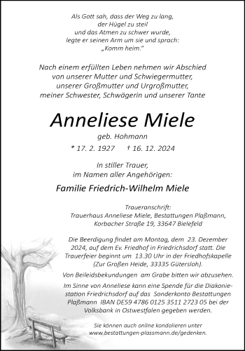 Traueranzeige von Anneliese Miele von Westfalen Blatt