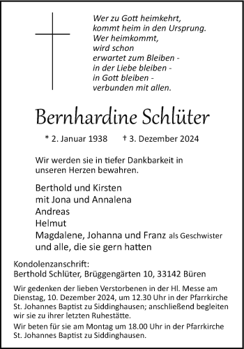 Traueranzeige von Bernhardine Schlüter von Westfalen Blatt