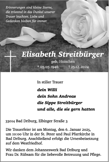 Traueranzeige von Elisabeth Elisabeth Streitbürger (geb. Hoischen) von Westfalen Blatt