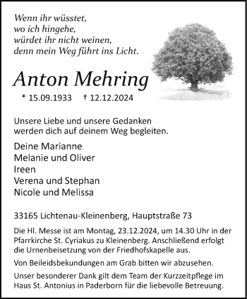 Traueranzeige von Anton Mehring von Westfalen Blatt