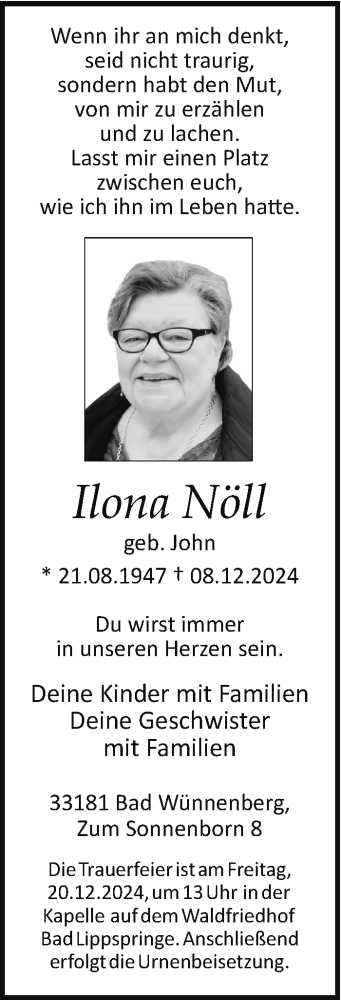 Traueranzeige von Ilona Nöll von Westfalen Blatt