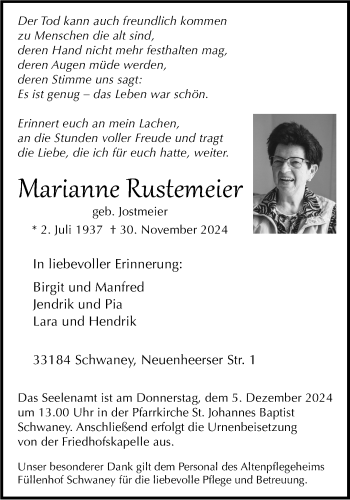 Traueranzeige von Marianne Rustemeier von Westfalen Blatt