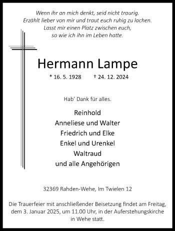 Traueranzeige von Hermann Lampe von Westfalen Blatt