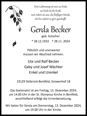 Traueranzeige von Gerda Becker von Westfalen Blatt