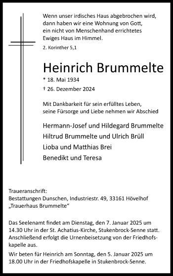 Traueranzeige von Heinrich Brummelte von Westfalen Blatt