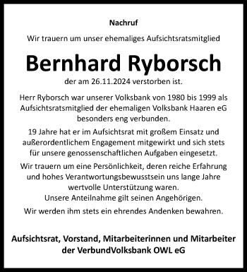 Traueranzeige von Bernhard Ryborsch von Westfalen Blatt