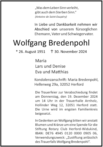 Traueranzeige von Wolfgang Bredenpohl von Westfalen Blatt