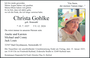 Traueranzeige von Christa Gohlke von Westfalen Blatt