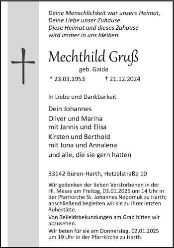 Traueranzeige von Mechthild Mechthild Gruß geb. Gaida (geb. Gaida) von Westfalen Blatt