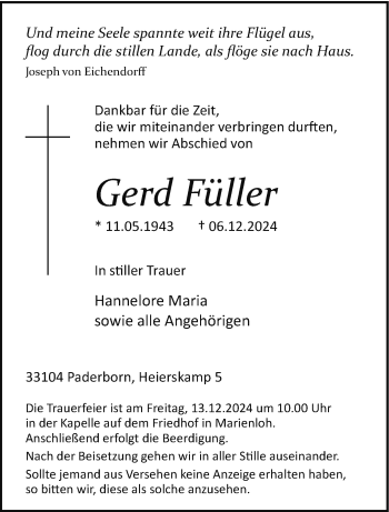 Traueranzeige von Gerd Füller von Westfalen Blatt