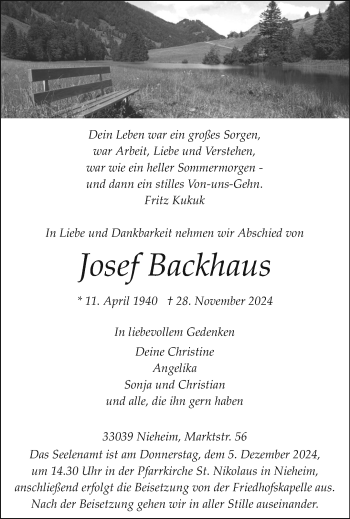 Traueranzeige von Josef Backhaus von Westfalen Blatt