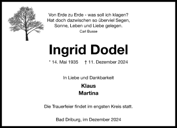 Traueranzeige von Ingrid Dodel von Westfalen Blatt