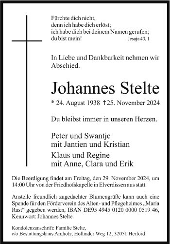 Traueranzeige von Johannes Stelte von Westfalen Blatt