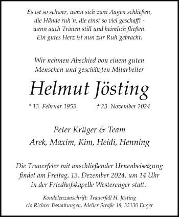 Traueranzeige von Helmut Jösting von Westfalen Blatt