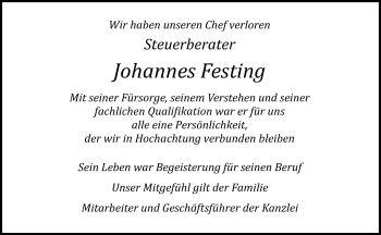 Traueranzeige von Johannes Festing von Westfalen Blatt