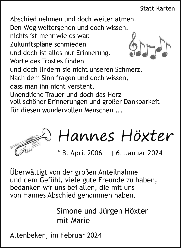  Traueranzeige für Hannes Höxter vom 17.02.2024 aus Westfalen Blatt